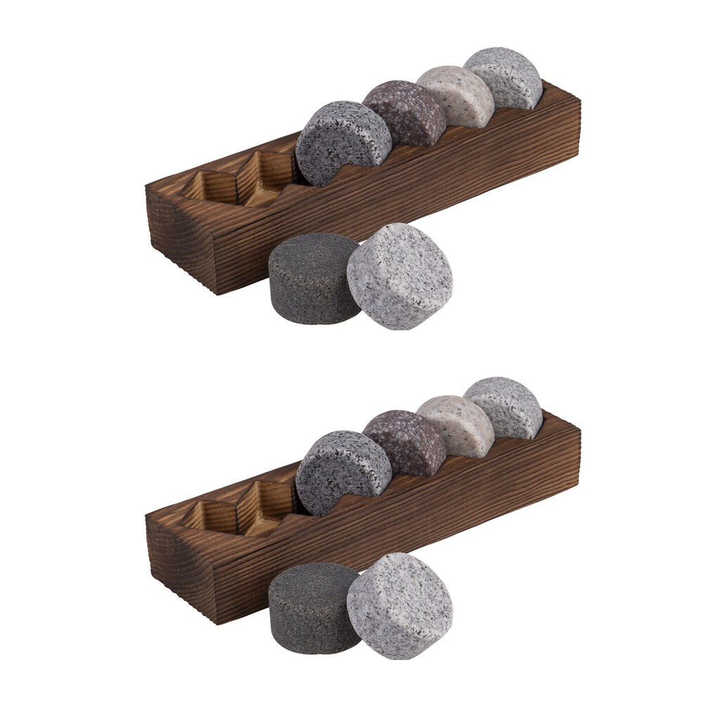 Bartender 6pc Bartender Granite Whisky Disc Cooling Stone Set w/ Wooden Base Tray (2 Pack)