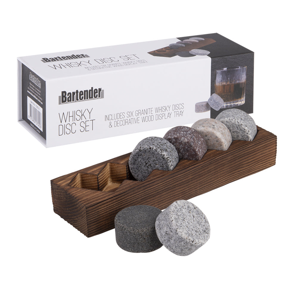 Bartender 6pc Bartender Granite Whisky Disc Cooling Stone Set w/ Wooden Base Tray (2 Pack) — image 2