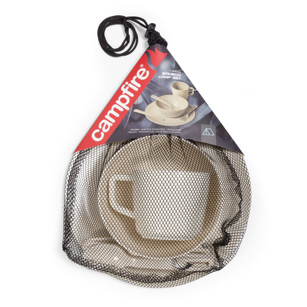Campfire Bamboo Dinner Tableware Set w/ Mesh Bag For 1 Person Cream (12 Pieces) — image 3
