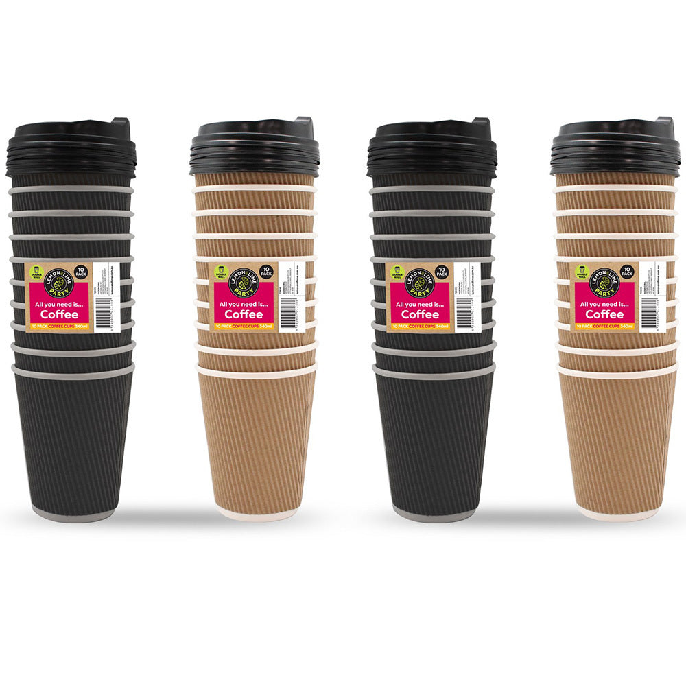 Lemon and Lime 340ml Disposable Double Wall Coffee Cups Asst Colour w/ Lid (40 Pack)
