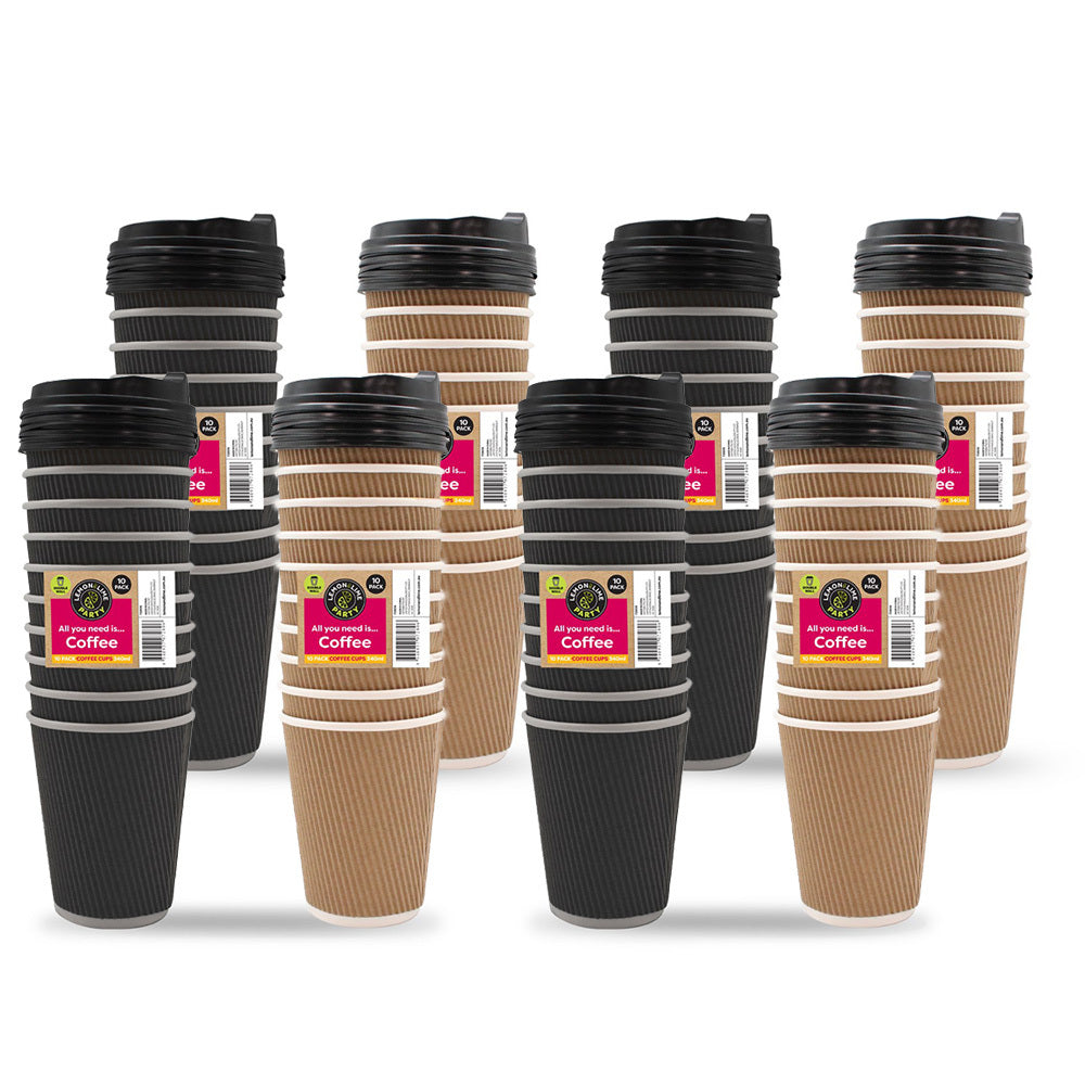 Lemon and Lime 340ml Disposable Double Wall Coffee Cups Asst Colour w/ Lid (80 Pack)