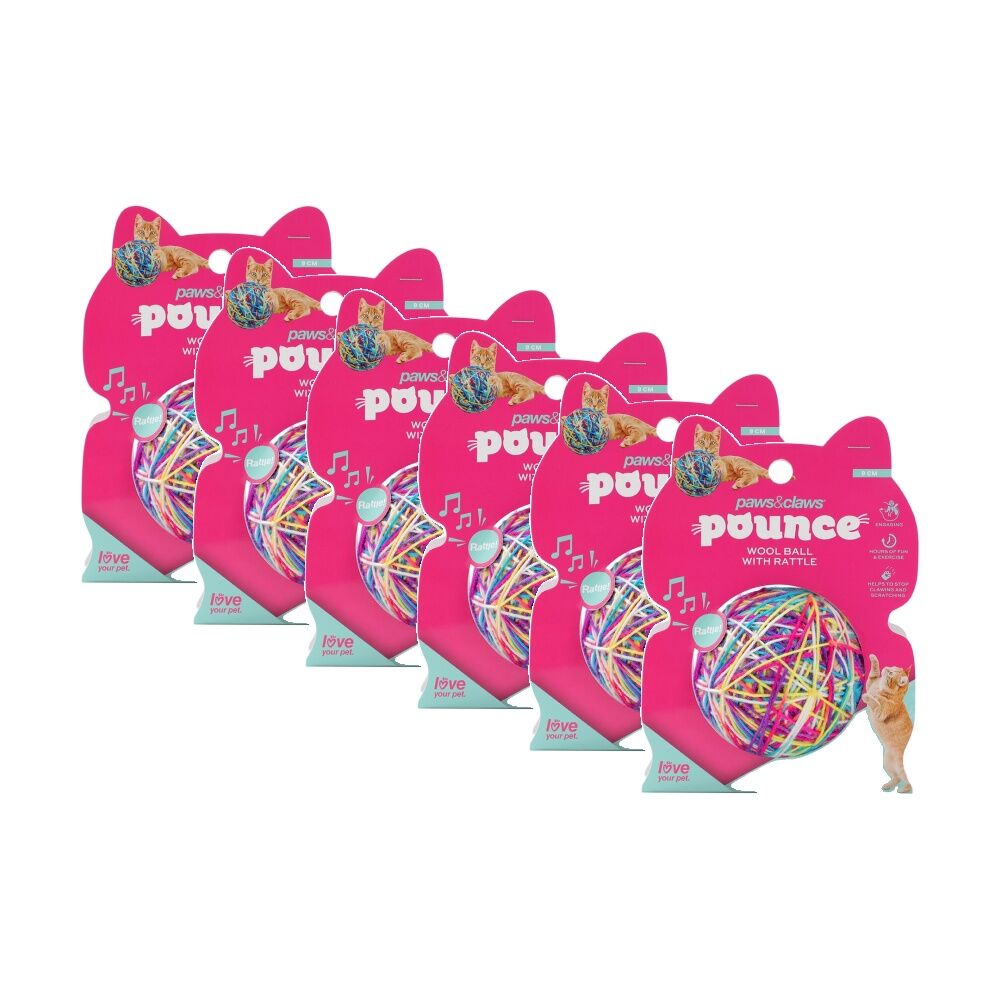 Paws and Claws Pounce Cat Wool Ball with Rattle 9cm Safe for Cats (6 Pack)