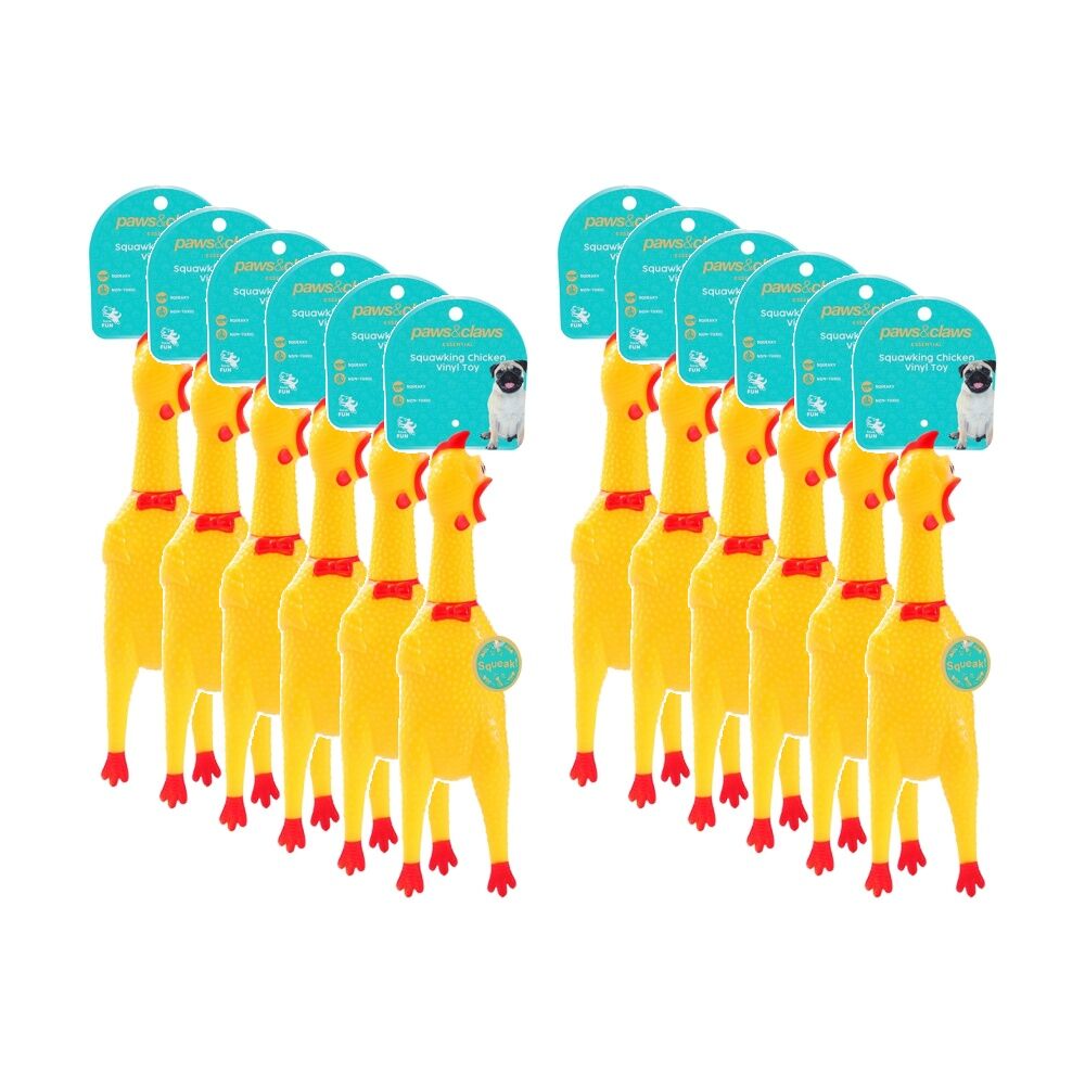 Paws and Claws Squawking Vinyl Chicken 28cm Squeezy Interactive Play Toy (12 Pack)