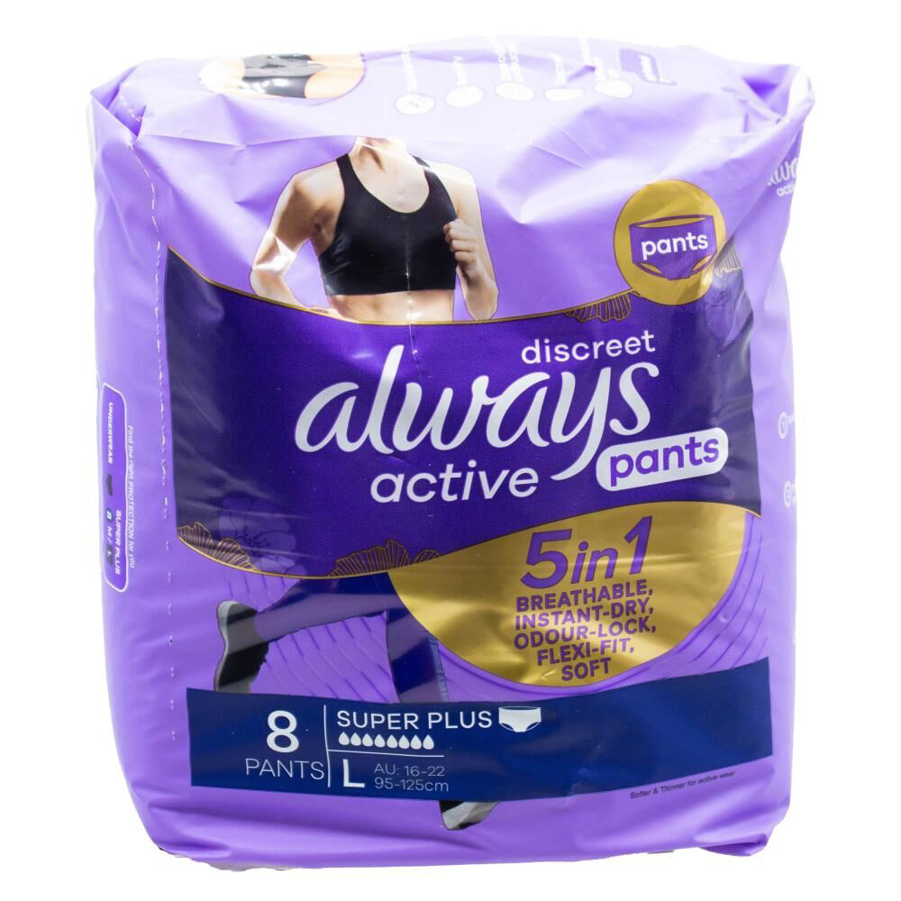 Always Discreet Active Sanitary Menstural Pants Super Plus 95-125cm (8 Pieces)