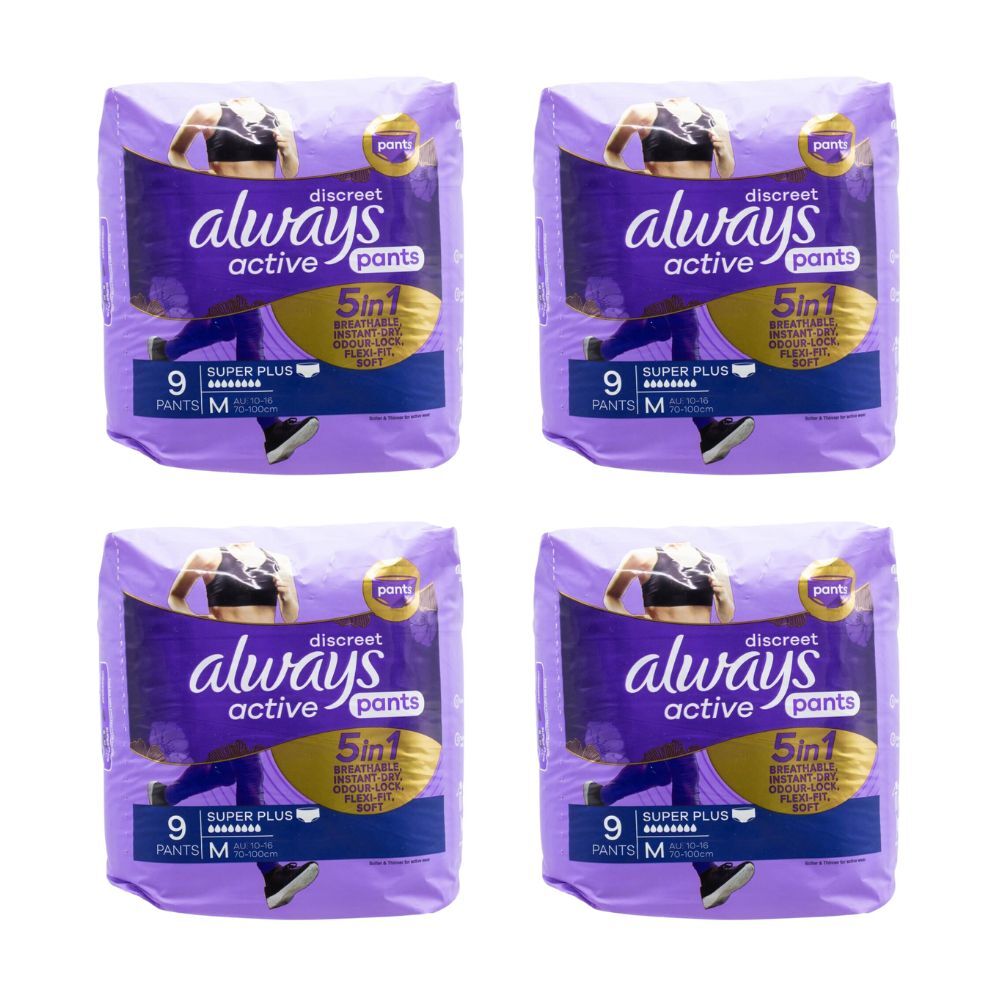 Always Discreet 4x 9pc Pants Active Sanitary Menstural Super Plus 70-100cm
