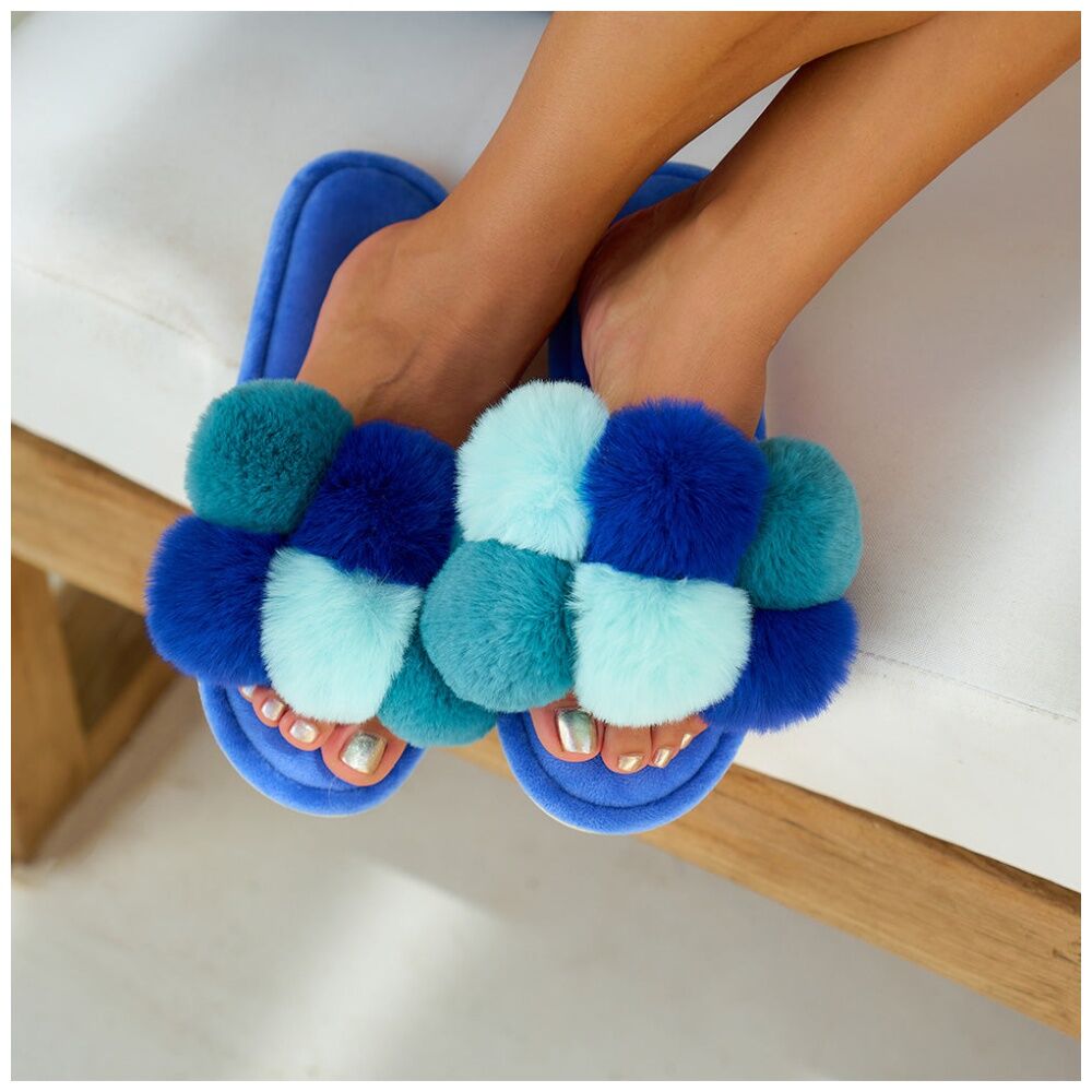 Annabel Trends S/M Multi Blue Pom Pom Cosy Luxe Thongs Women's Slippers Shoes — image 6