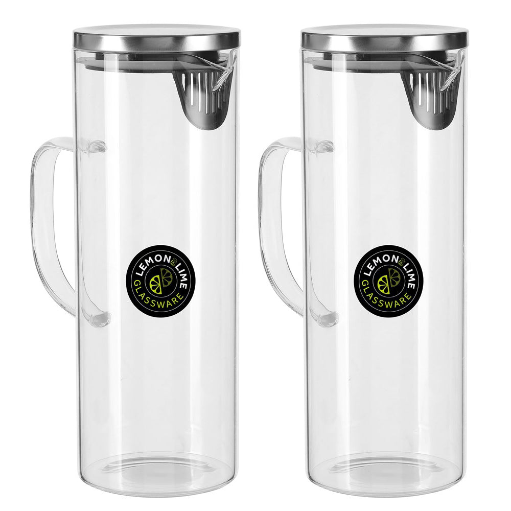 Lemon and Lime 1.8L 28cm Glass Cold/Drinks/Juice/Water Fridge Jug/Pitcher w/Lid (2 Pack)