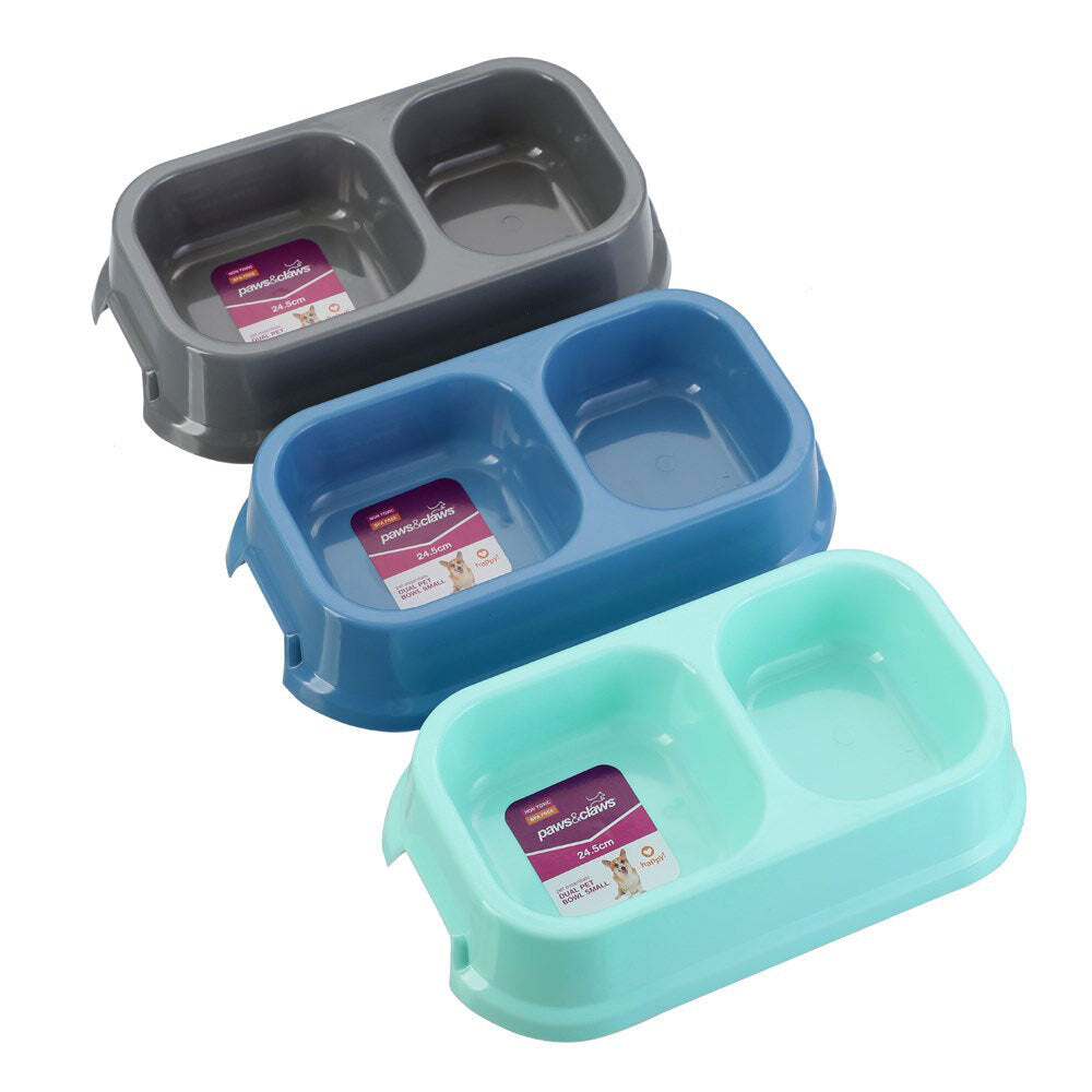Paws and Claws 24.5cm Pet/Dogs Square Essentials Dual Bowl/Dishes/Feeders Asst. (3 Pack)