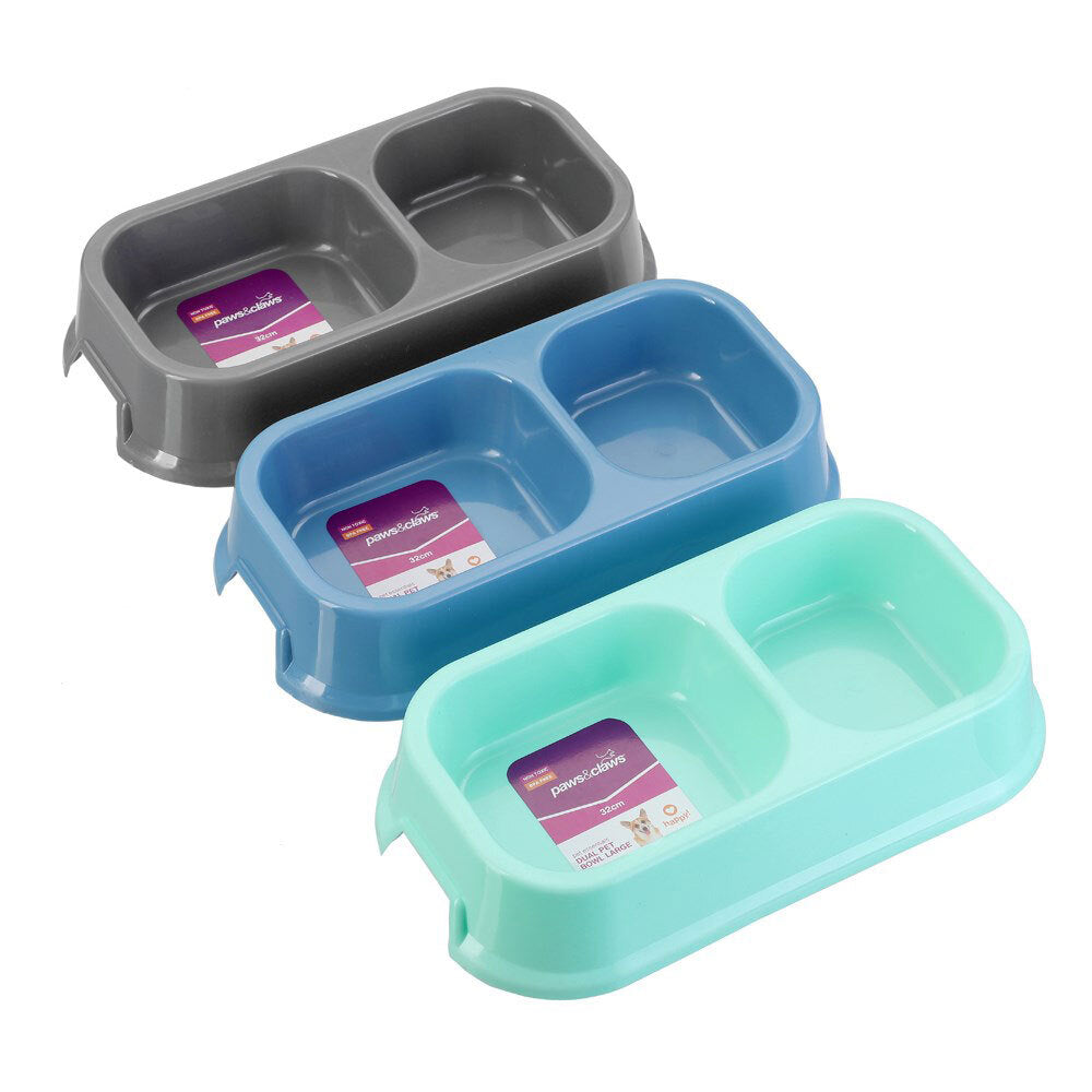 Paws and Claws 32cm Pets/Dogs Square Essentials Dual Bowl/Dishes/Feeders Asst. (3 Pack)