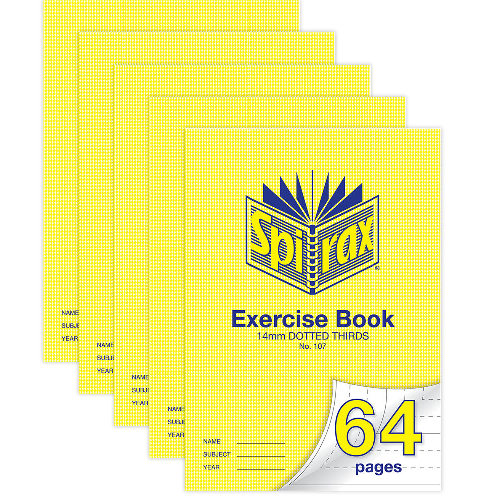 Spirax 70GSM 64 Pages A4 14mm Dotted Third No.107 Exercise Book/Notebook (5 Pack)