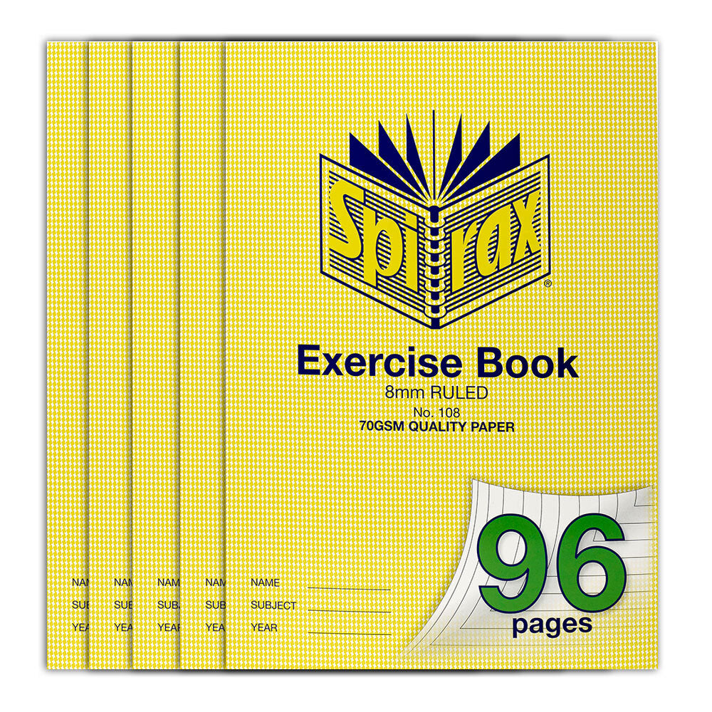 Spirax 70GSM 96 Pages A4 8mm Ruled No.108 Exercise Book School Notebook (5 Pack)
