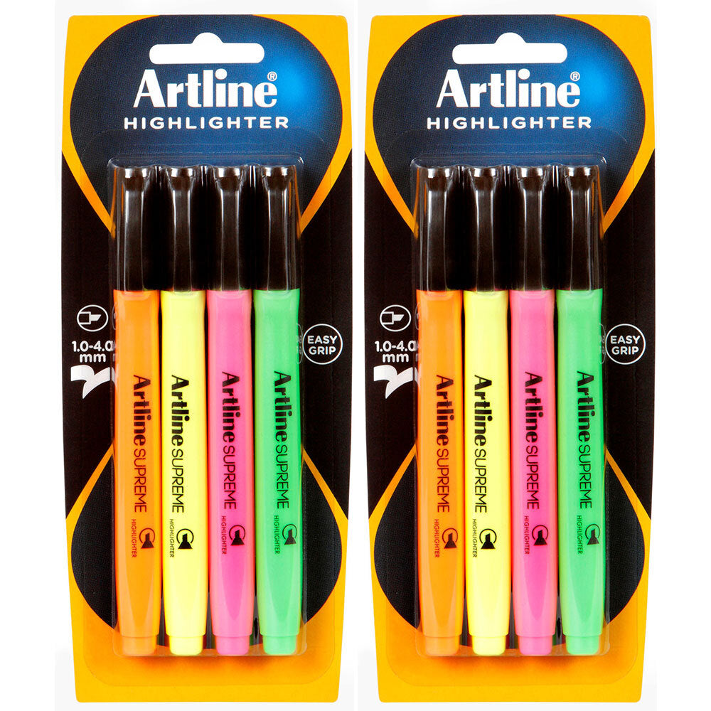 Artline 4pc Artline Supreme Highlighter Marker Pen Set Craft School Assorted Colours (2 Pack)