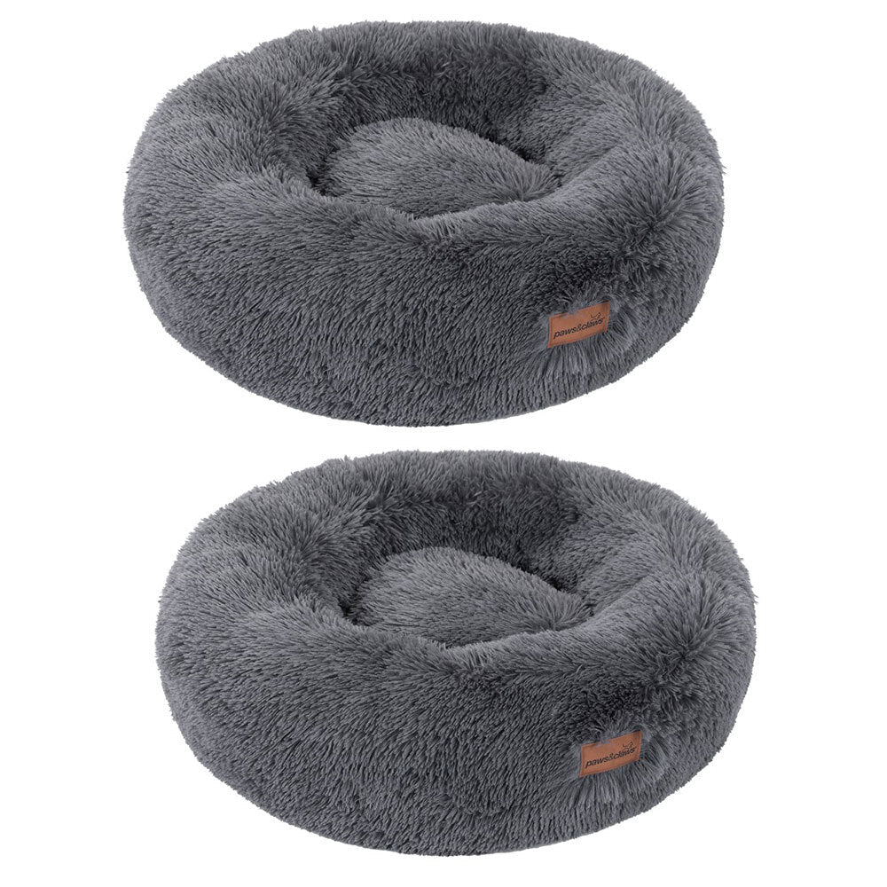 Paws and Claws 50cm x 50cm Small Calming Plush Pet/Dog Round Bed/Mattress Grey (2 Pack)