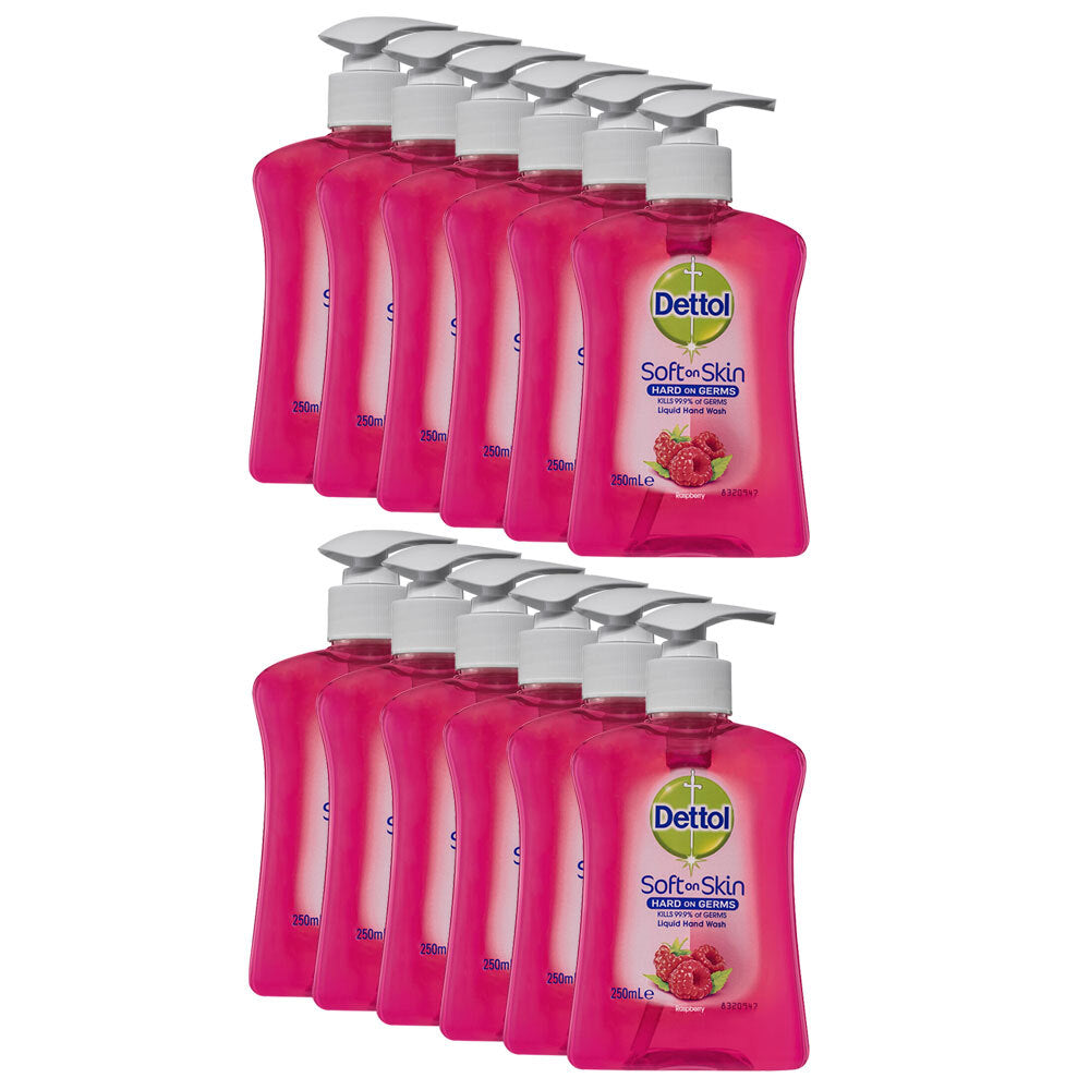Dettol 250ml Liquid Soft on Skin Hand Wash Soap Raspberry Pump (12 Pack)