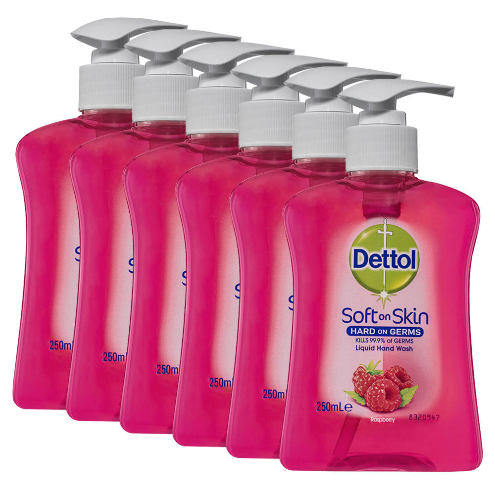 Dettol 250ml Liquid Soft on Skin Hand Wash Soap Raspberry Pump (6 Pack)