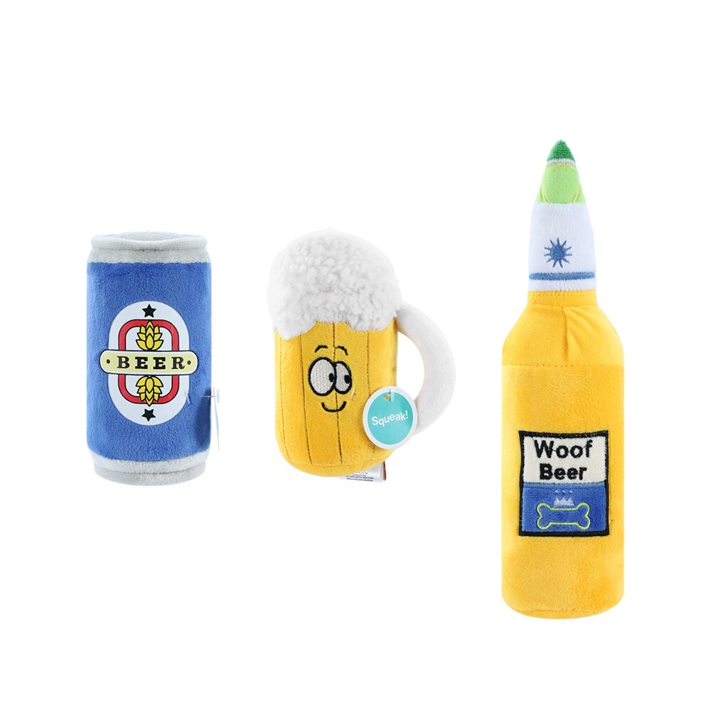 Paws and Claws Beer Mug/Bottle/Can Plush Stuffed Toy w/ Squeaker Pet Dog/Puppy (3 Pack)