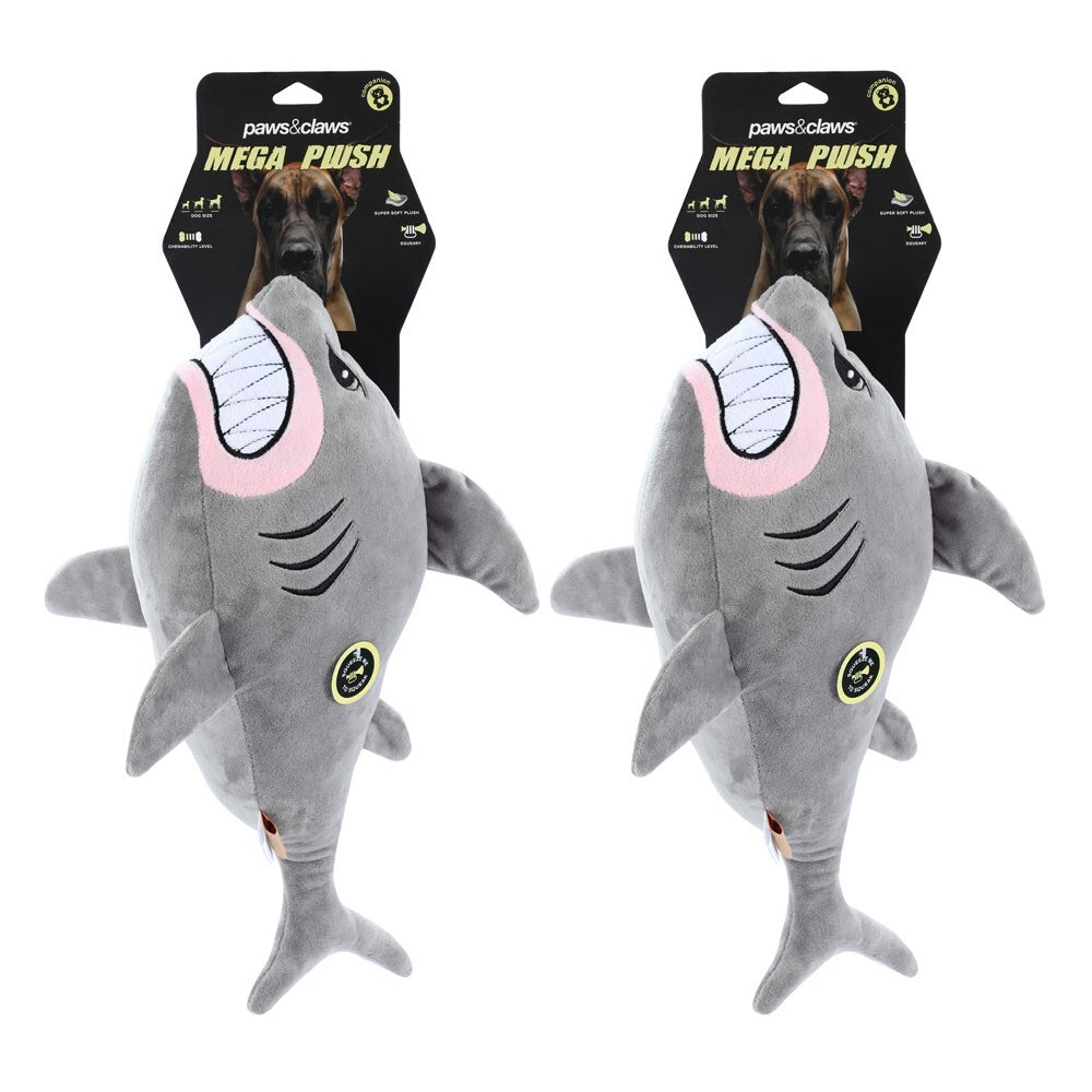 Paws and Claws Grey 50cm Soft Angry Shark Mega Plush Pet Dog Toy w/ Squeaker (2 Pack)