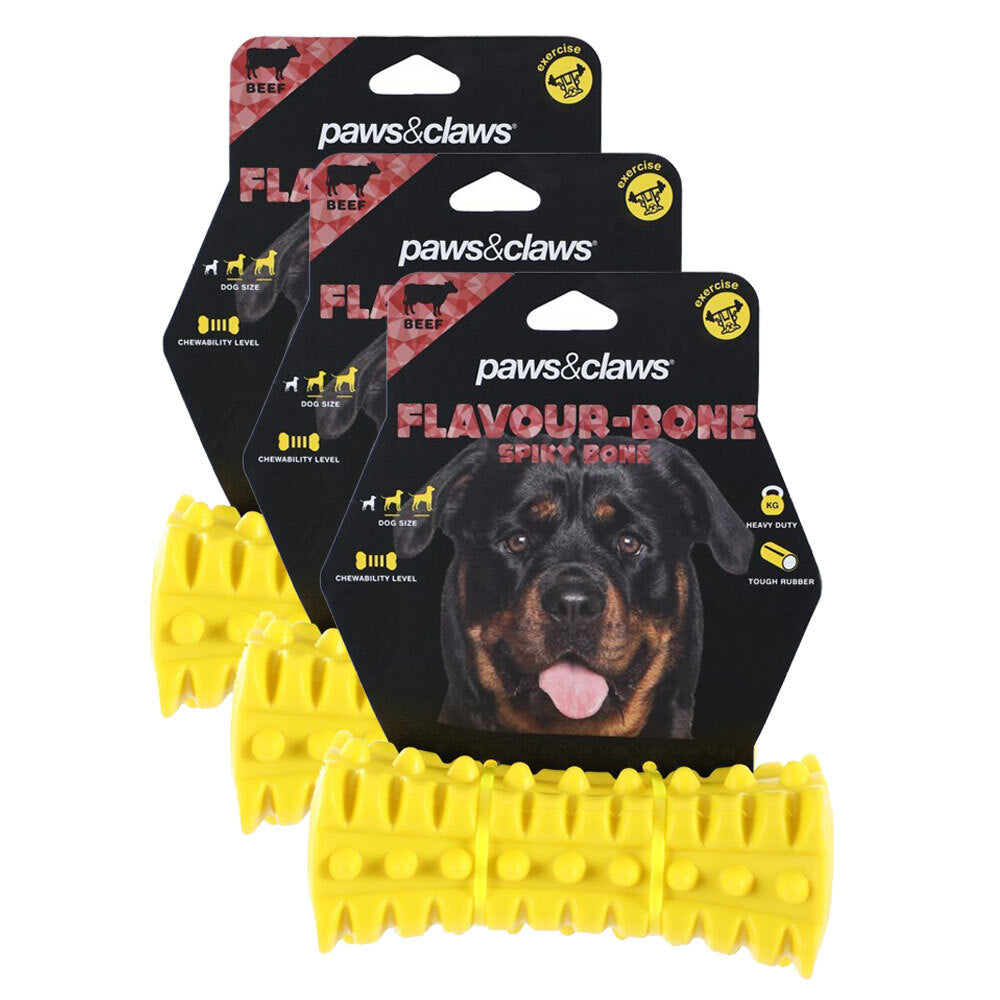 Paws and Claws 16cm Flavour-Bone Spiky Bone Beef Flavoured Rubber Toy Pet/Dog (3 Pack)