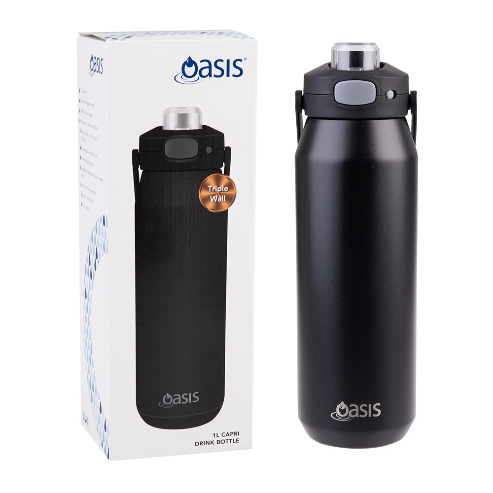 Oasis 1L Black Ceramic Stainless Steel Insulated Capri Drink Bottle w/ Lid