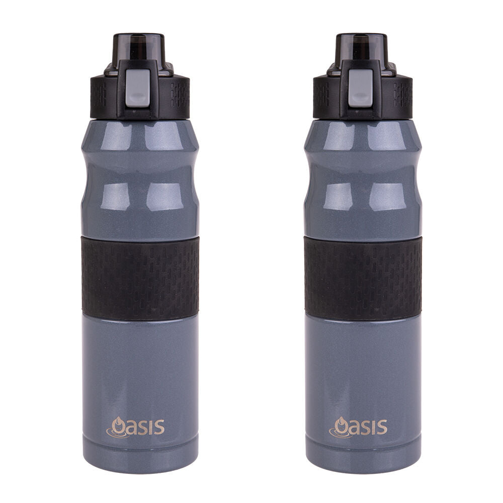 Oasis Stainless Steel Insulated Flip-Top Sports Bottle 600ml Charcoal Grey (2 Pack)