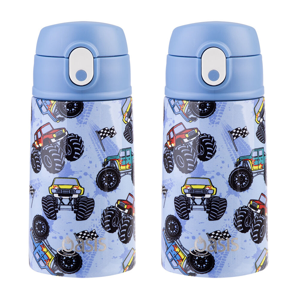 Oasis Stainless Steel Kids Drink Bottle w/ Straw 400ml Monster Trucks (2 Pack)
