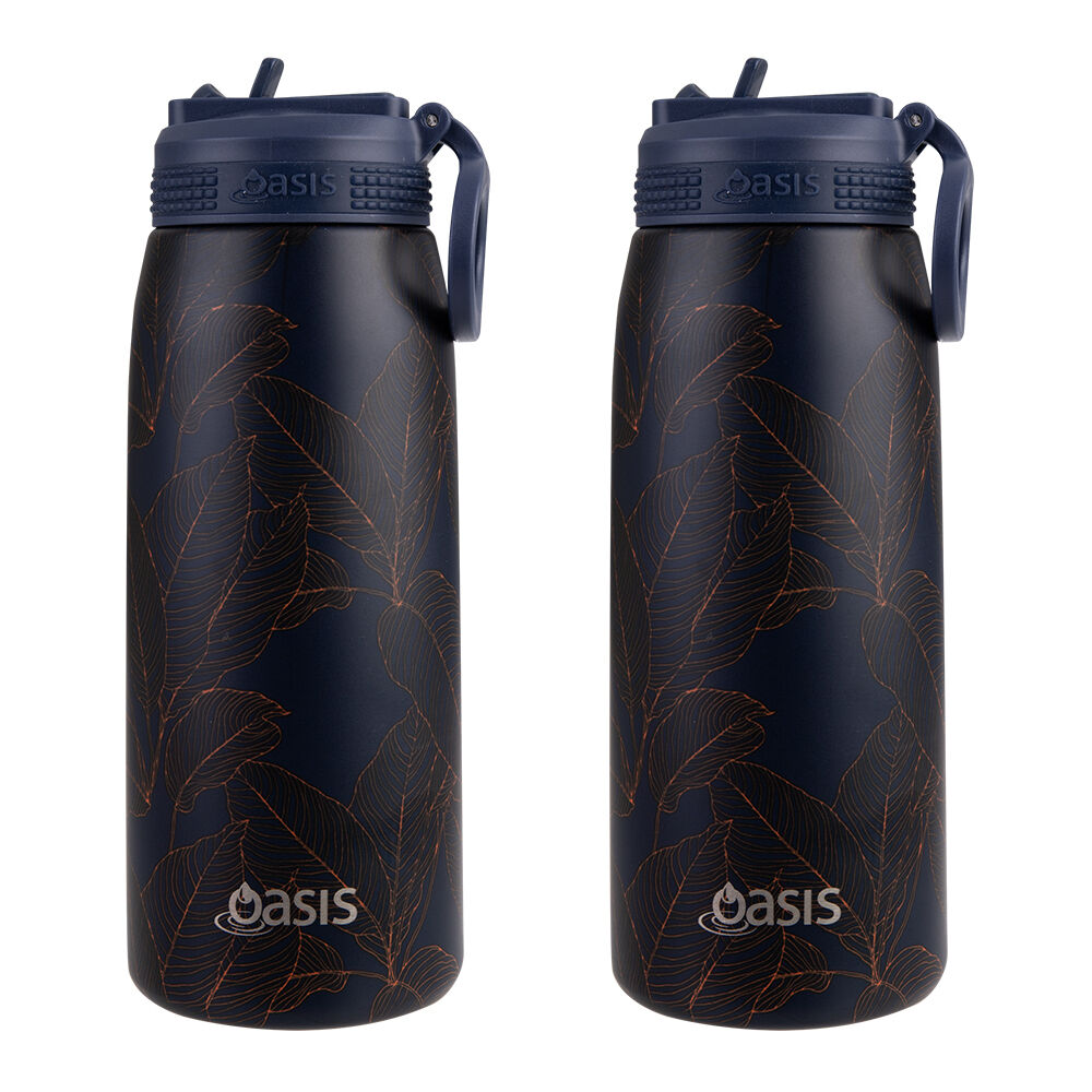Oasis Stainless Steel Insulated Sports Bottle w/ Sipper 780ml Navy Leaves (2 Pack)
