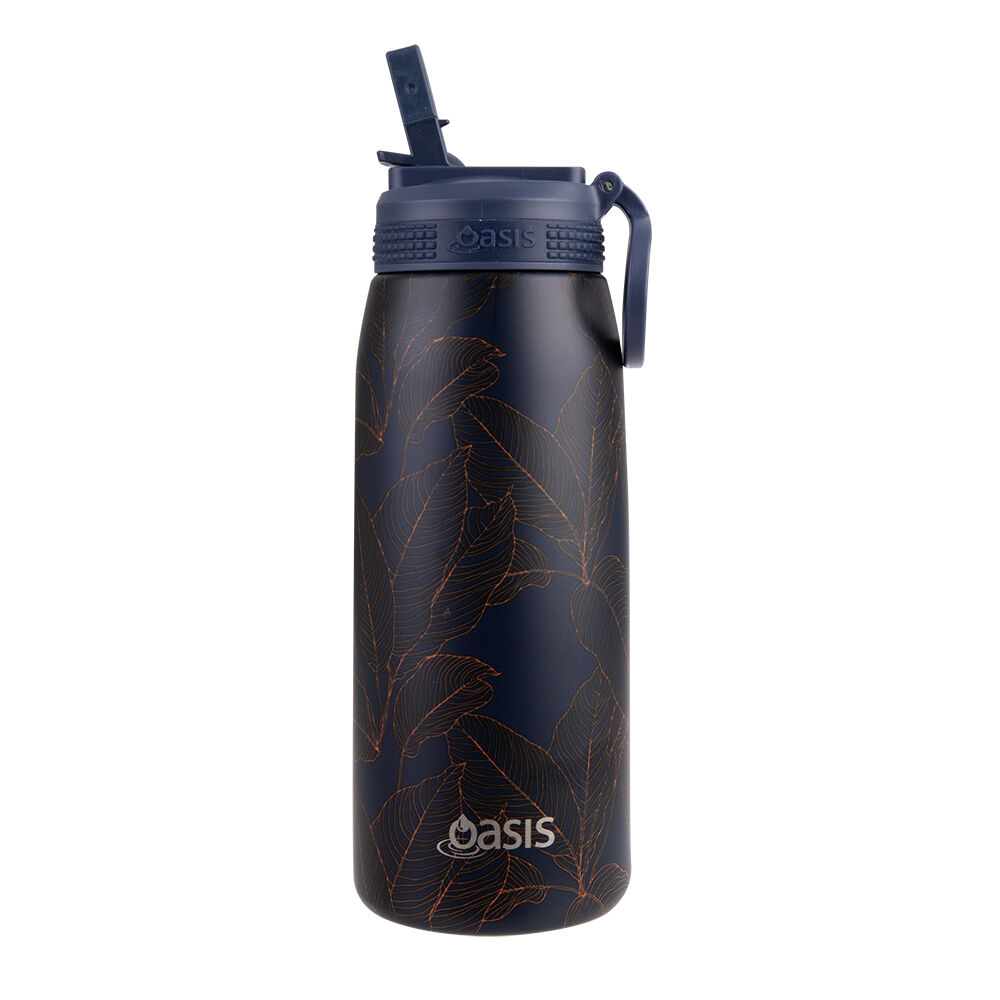 Oasis 780ml Navy Leaves Stainless Steel Insulated Sports Bottle w/ Sipper — image 2