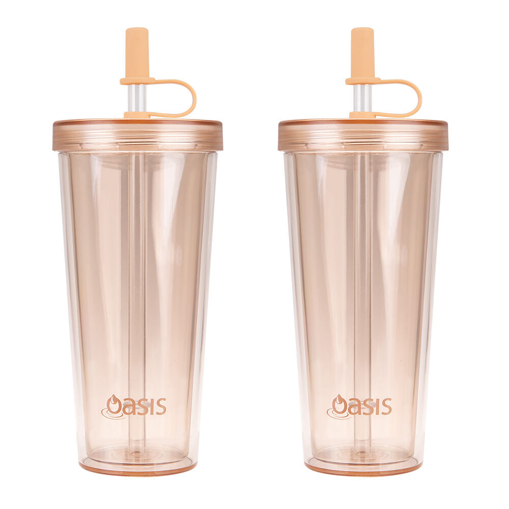 Oasis Reusable Tall Smoothie Tumbler w/ Straw Double Walled 520ml Peach (2 Pack)