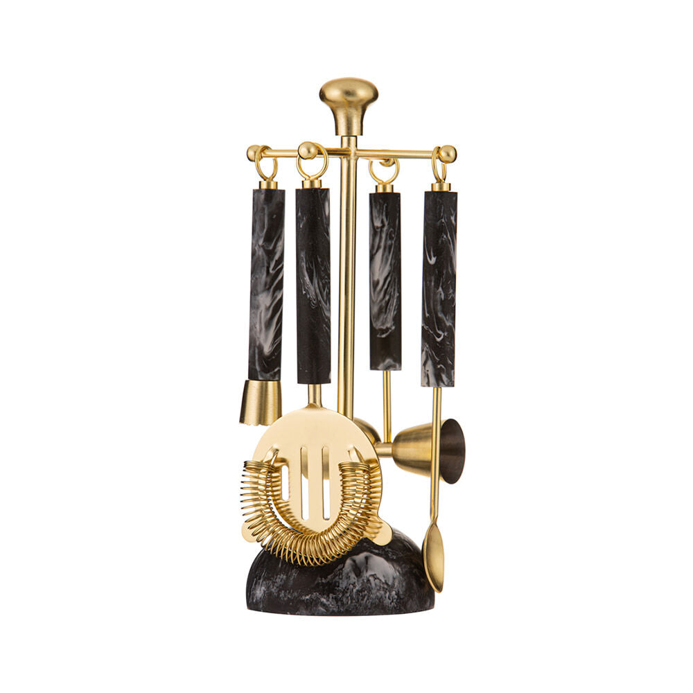 Tempa Bennett Marble Finish Resin Barware Tools Set Black/Gold (5 Pieces)