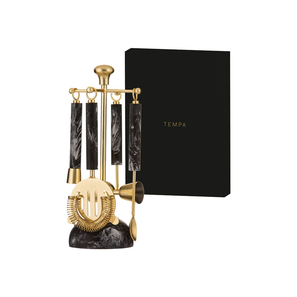 Tempa Bennett Marble Finish Resin Barware Tools Set Black/Gold (5 Pieces) — image 2