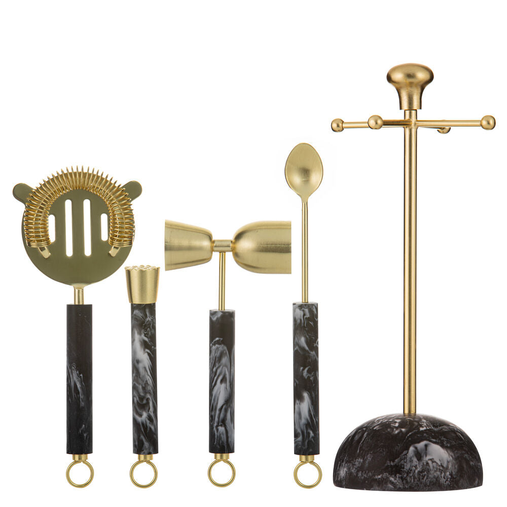 Tempa Bennett Marble Finish Resin Barware Tools Set Black/Gold (5 Pieces) — image 4