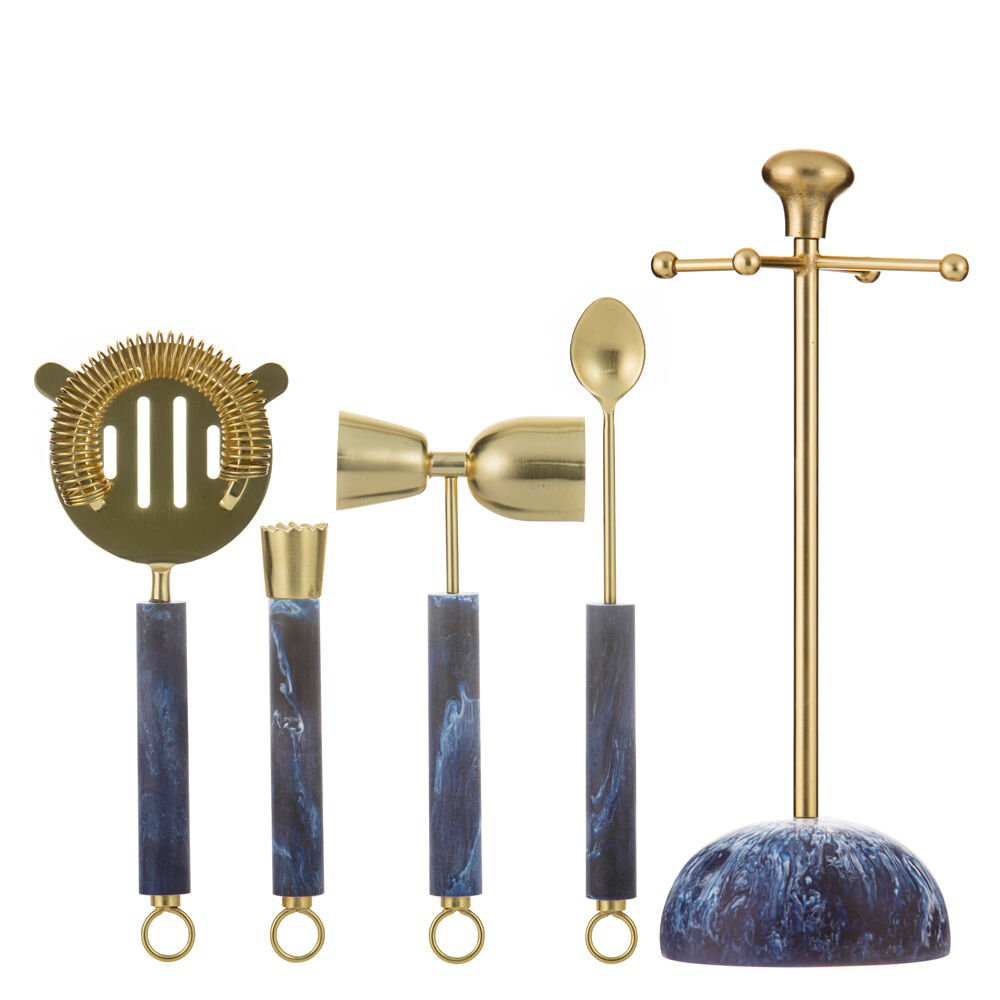 Tempa Bennett Marble Finish Resin Barware Tools Set Blue/Gold (5 Pieces) — image 3