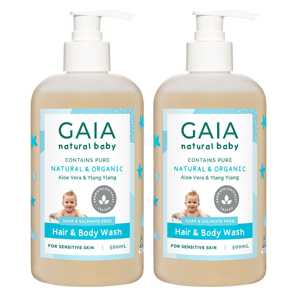 Gaia 1L Pure Organic Hair & Body Wash Vegan Friendly for Baby Kids Toddlers (2 Pack)
