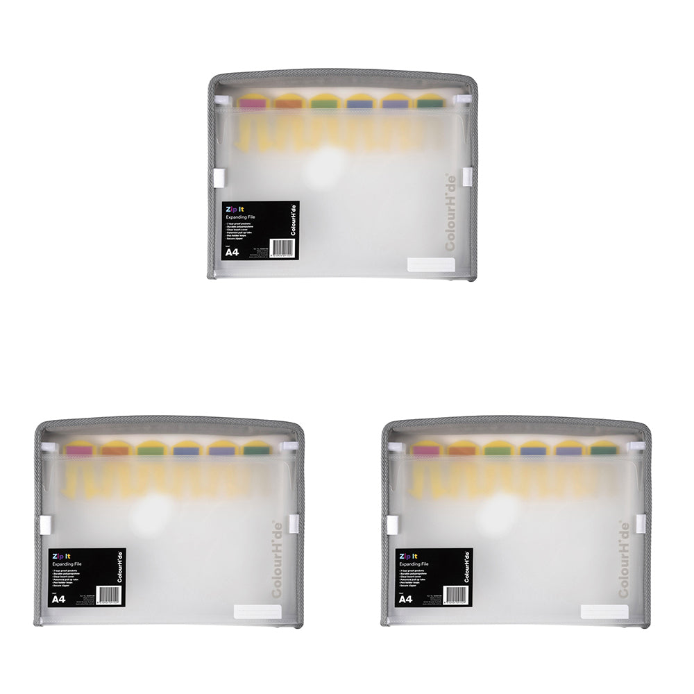 Colourhide A4 Zip-It Expanding File Cover Organiser w/ Pen Holder Loop Clear (3 Pack)
