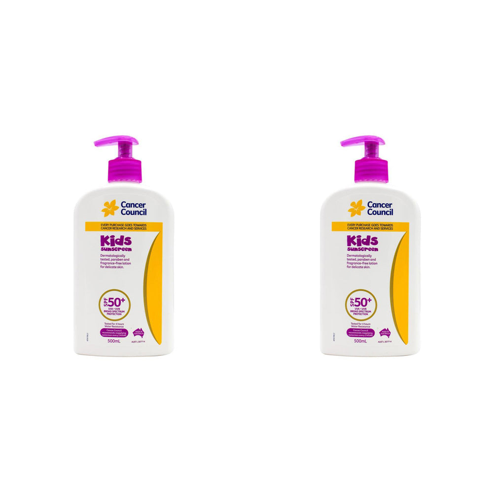 Cancer Council 500ml Kids Sunscreen SPF50+ Childrens Body Lotion Pump Bottle (2 Pack)
