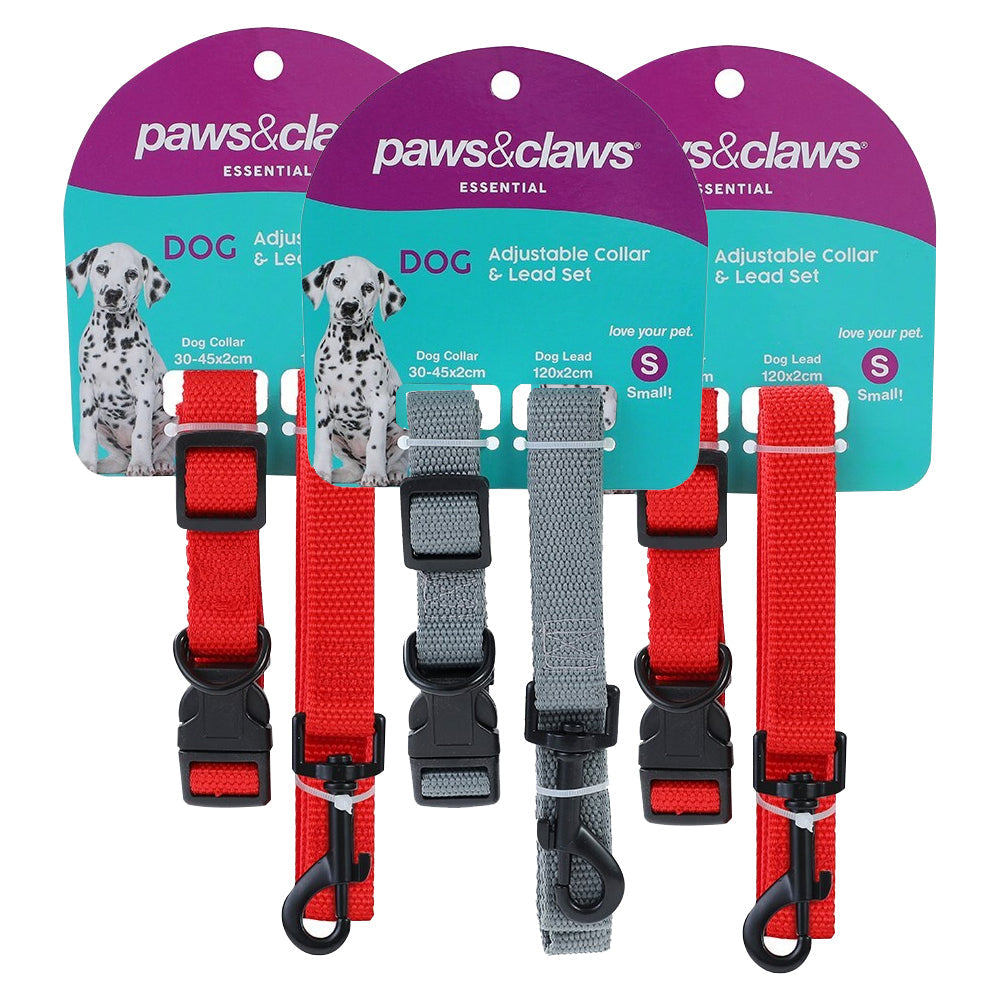 Paws and Claws Essentials 120cm Dog Collar/Leash 30-40cm Pet Lead Set Assorted (3 Pack)