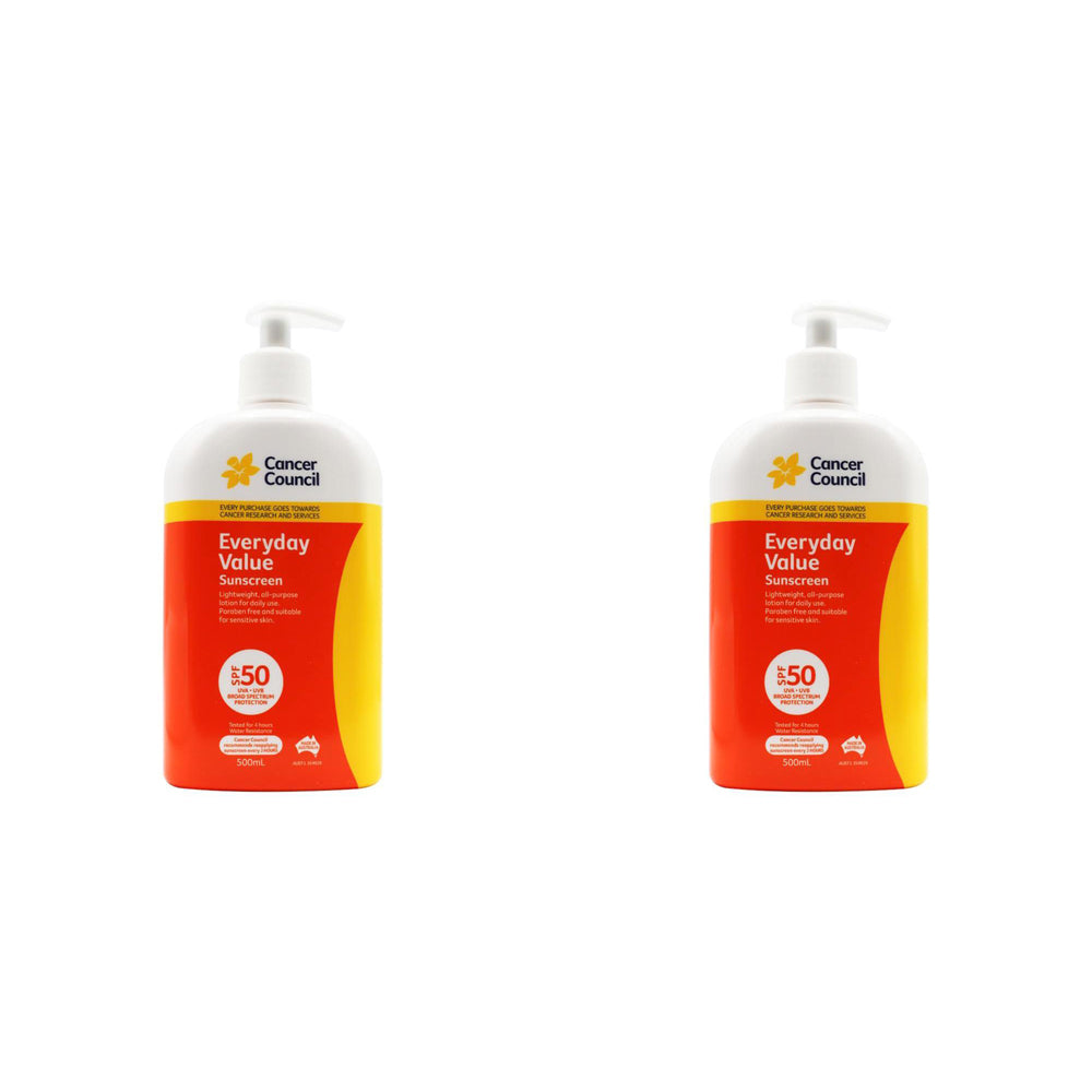 Cancer Council 500ml Everyday Value Sunscreen SPF50+ Body Lotion Pump Bottle (2 Pack)