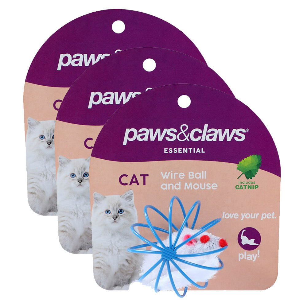 Paws and Claws 6cm Wire Ball & Mouse Catnip Interactive/PlayingToy Pet/ Blue (3 Pack)