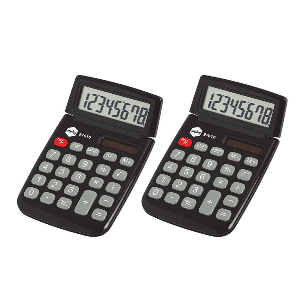 Marbig Dual Solar Powered 8 Digit Pocket Handheld Calculator Office Black (2 Pack)