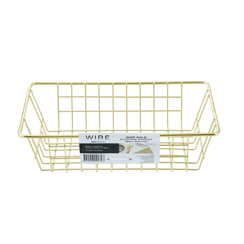 Boxsweden 26x7cm Wire Storage Basket Kitchen/Bath Organiser Container Gold (2 Pack) — image 3