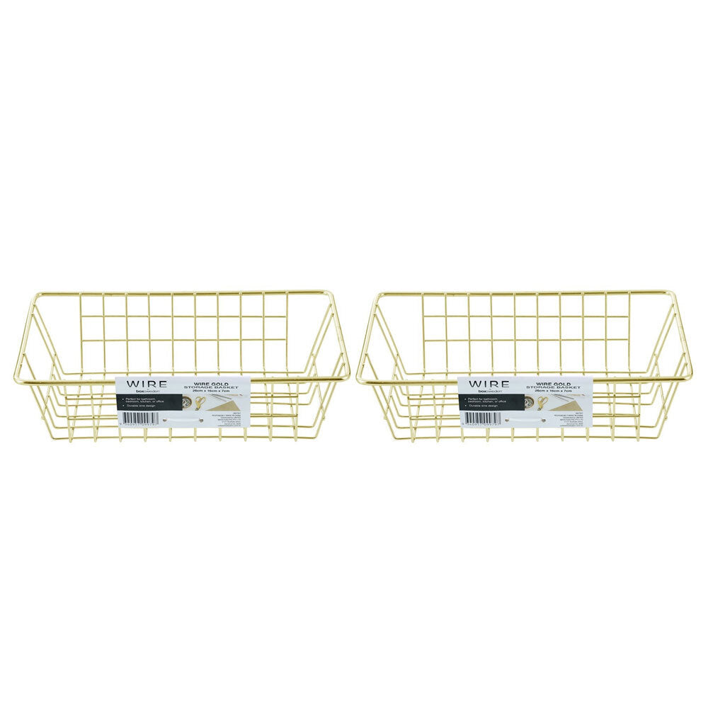 Boxsweden 26x7cm Wire Storage Basket Kitchen/Bath Organiser Container Gold (2 Pack)