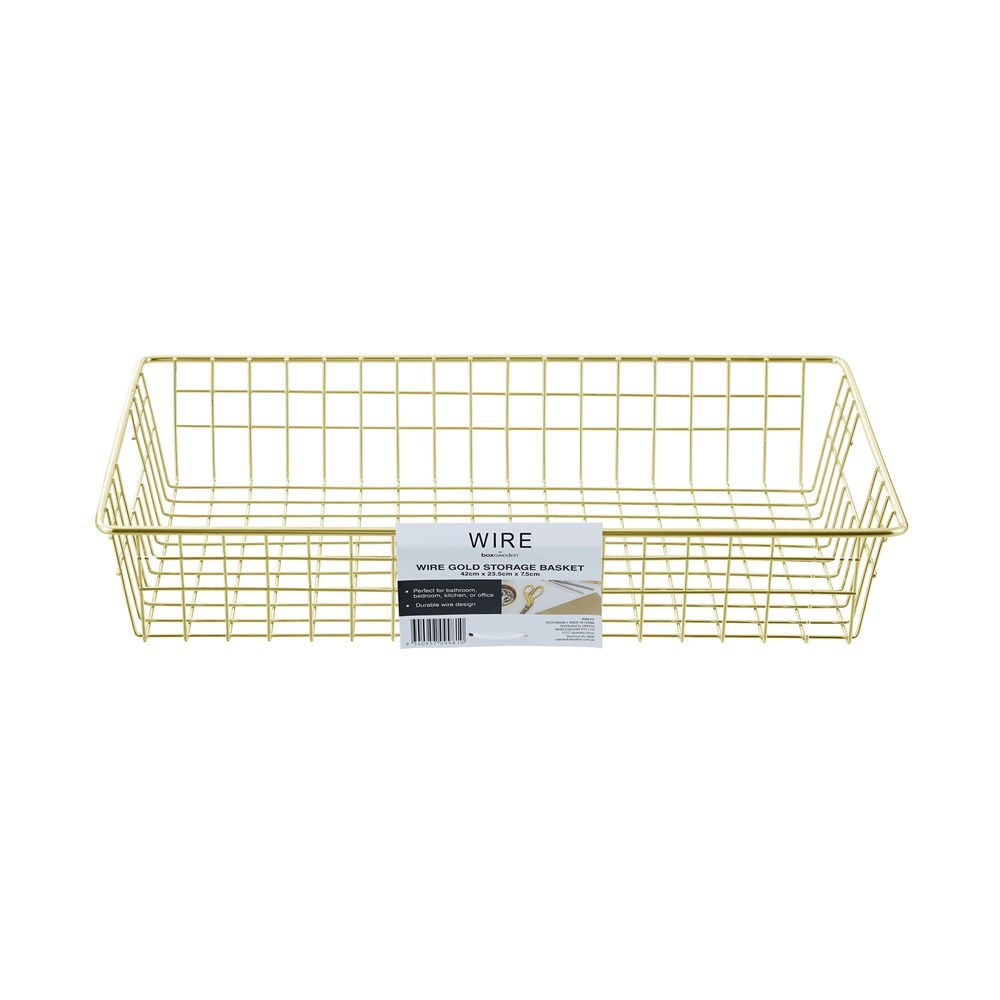 Boxsweden 40x7.5cm Wire Storage Basket Kitchen/Bath Organiser Container Gold (2 Pack) — image 3