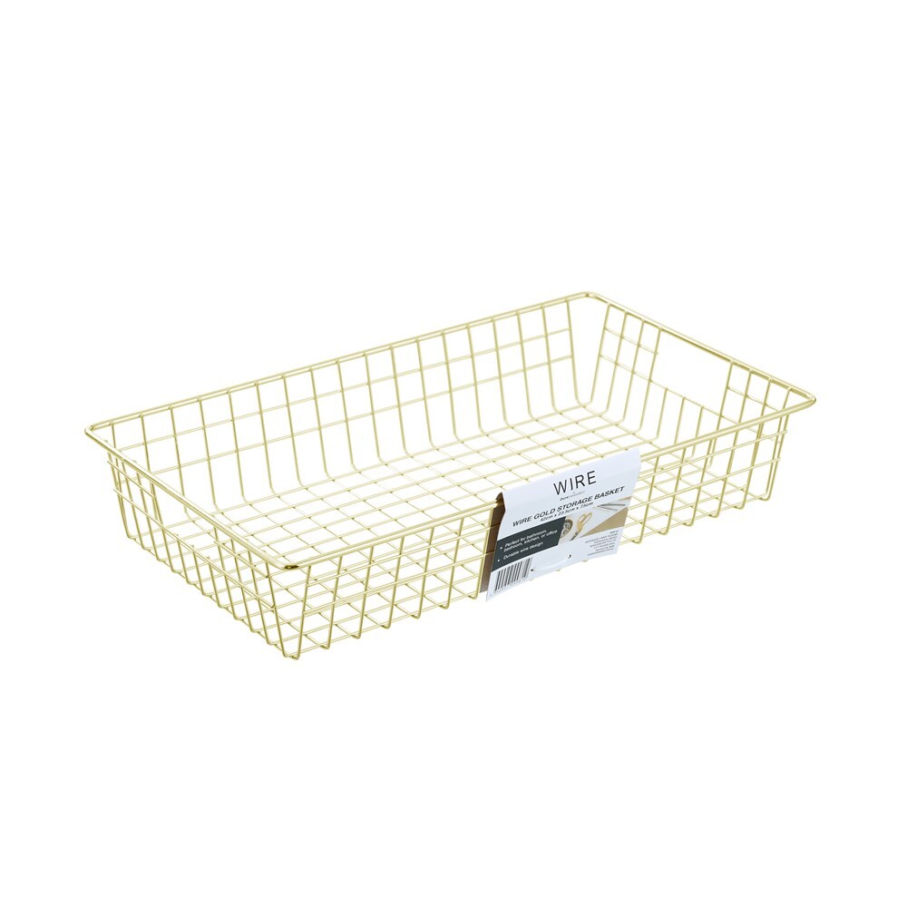 Boxsweden 40x7.5cm Wire Storage Basket Kitchen/Bath Organiser Container Gold (2 Pack) — image 4