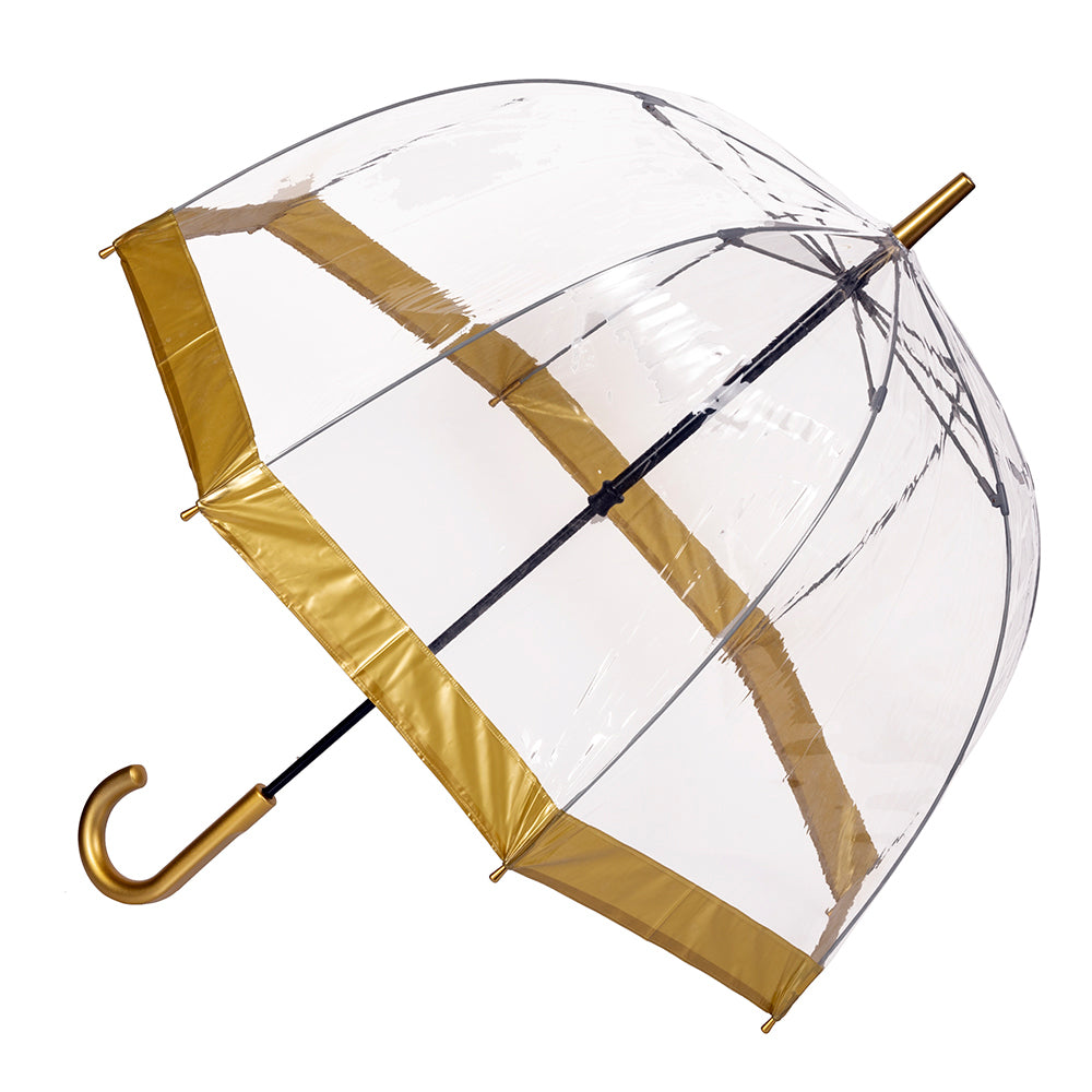 Clifton Womens Walking 87cm Clear Dome/Birdcage Windproof Umbrella Gold Border
