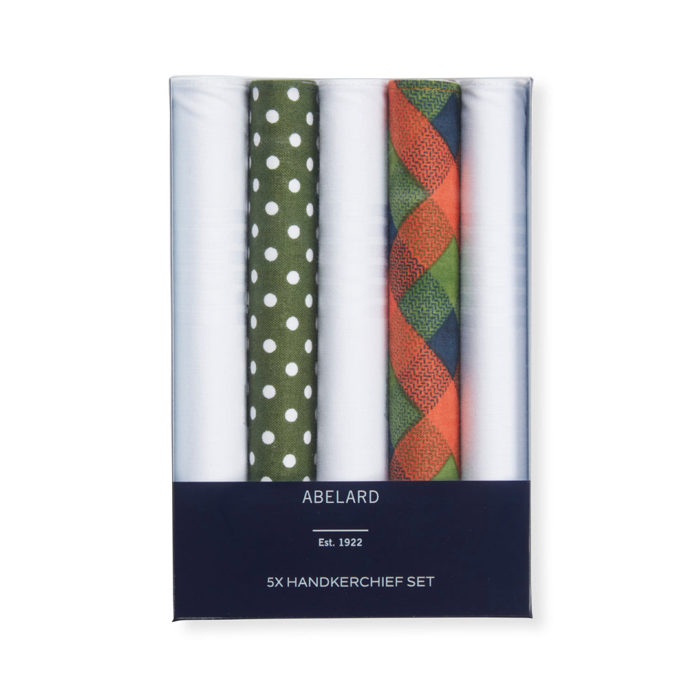 Abelard Classic Mens Fashion Cotton Hankerchief/Hanky Set Washable (5 Pieces) — Green