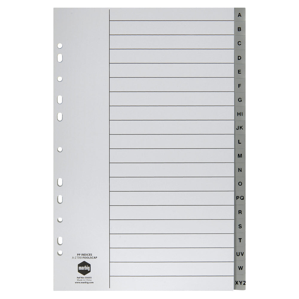 Marbig PP A-Z Tab Lever Arch/Binder Foolscap Indices/Dividers Alpha Grey