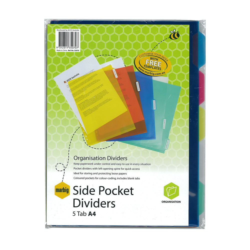 Marbig PP 5 Tab A4 Side Pocket Dividers/Paper File/Filing Organiser Assorted (3 Pack)