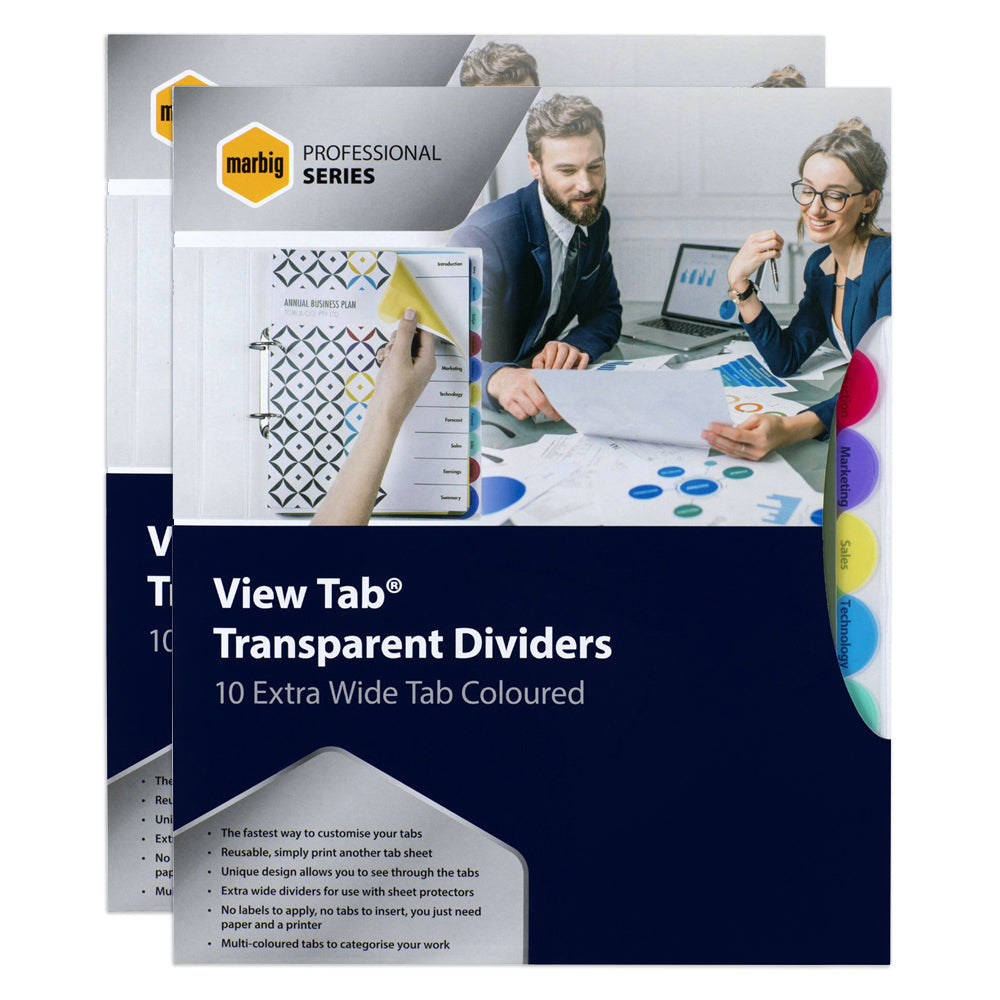 Marbig Pro Extra Wide 10 View Tab Coloured A4 Lever Arch/Binder File Dividers (2 Pack)