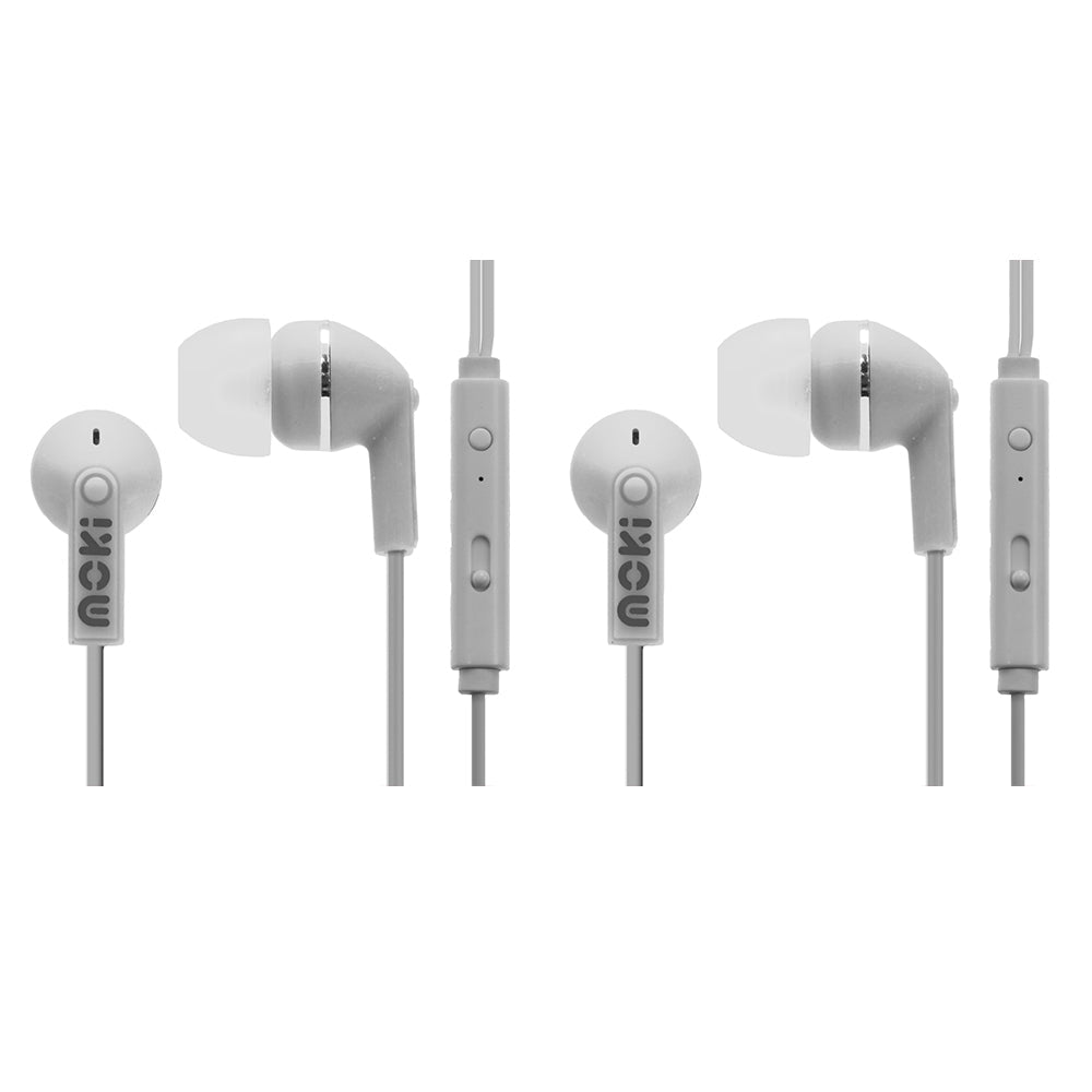 Moki Noise Isolation In-Ear Earphones 3.5mm Headset/Mic/Volume Control White (2 Pack)