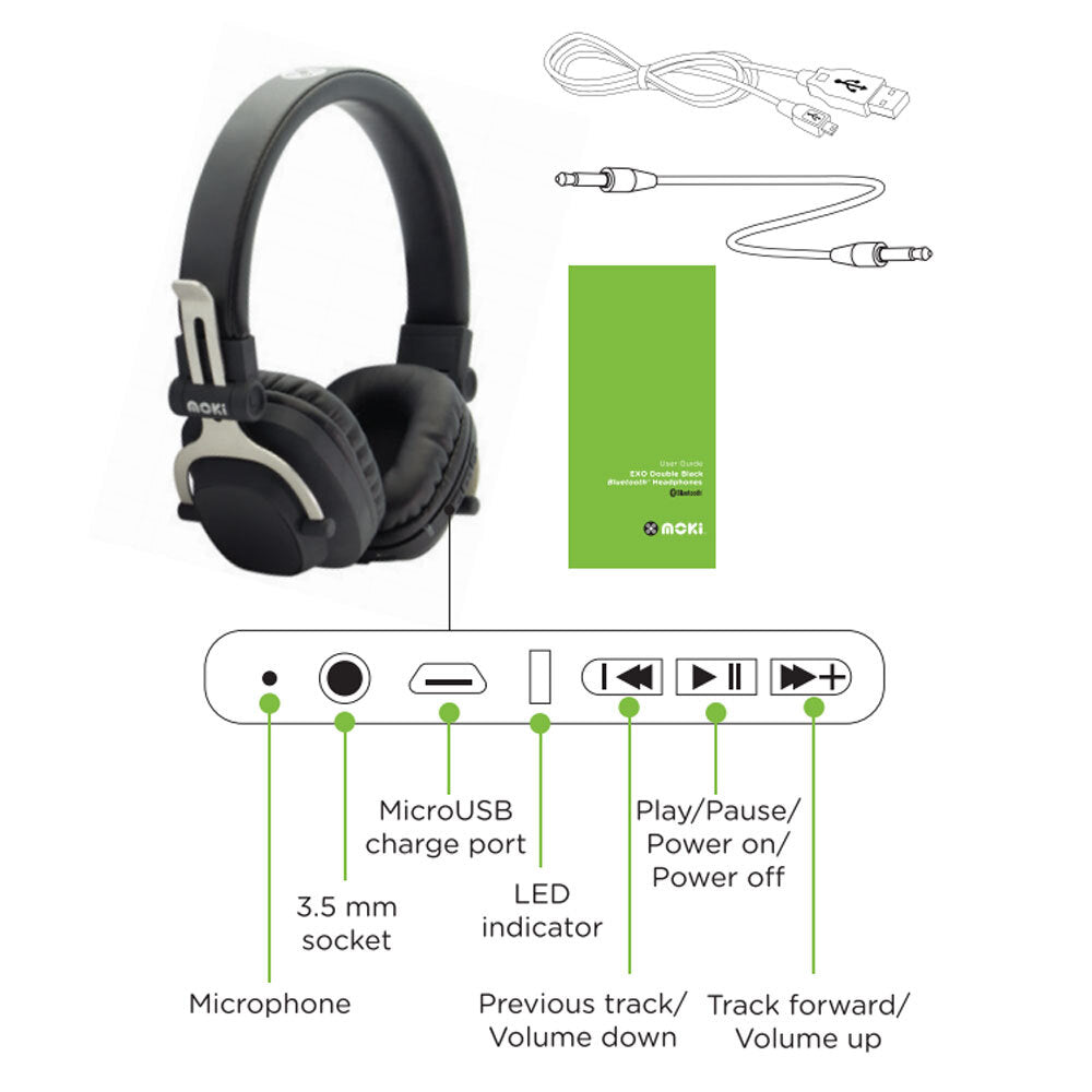 Moki Exo Double Wireless Bluetooth Headphones On Ear Cup Headband w/ Mic Black — image 2